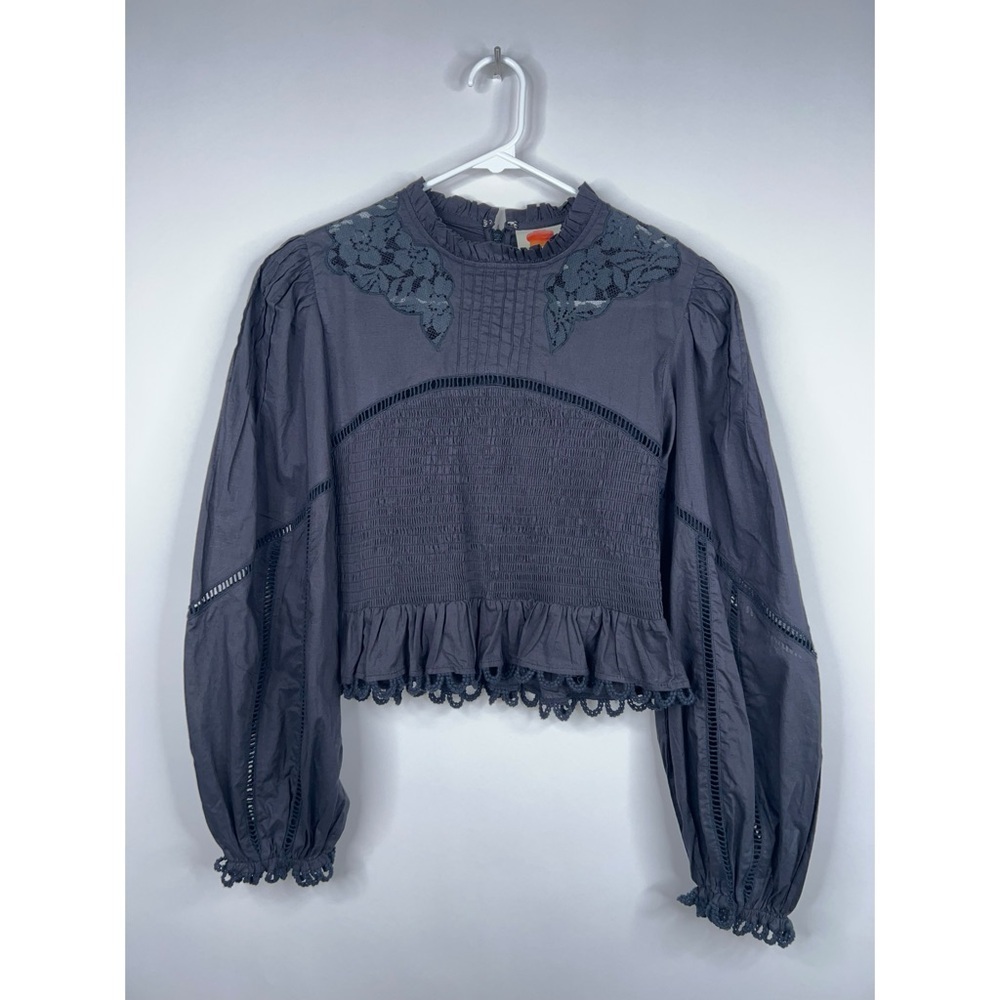 Farm Rio Black Lace Smocked Blouse Long Sleeve Ruffle Eyelet Crop Top Size XS